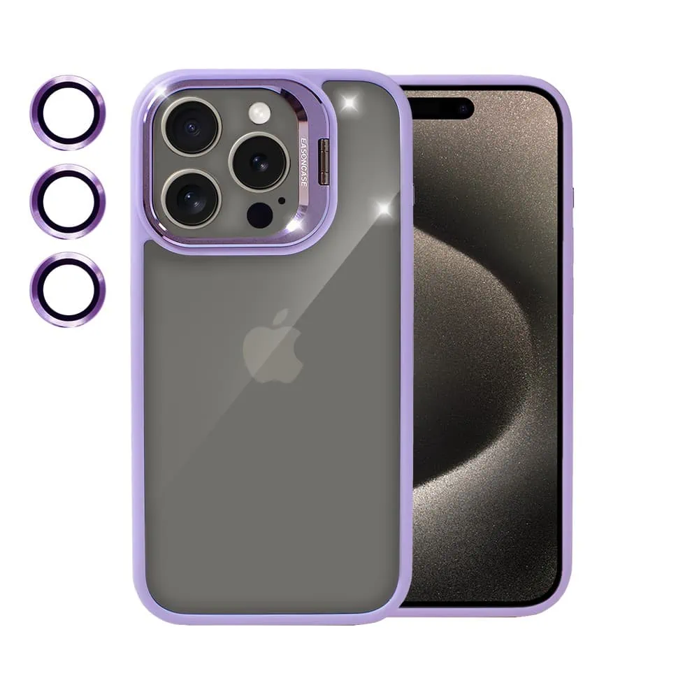Etui do iPhone 15 Pro Max cienkie przeźroczsyte, 3w1 z podstawką i osłoną aparatu, fioletowe