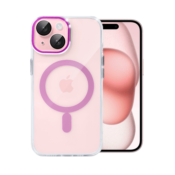 etui do iphone 15 simple elegance z magsafe, twardy przeźroczysty tył, hybrydowa ochrona kamery, różowe