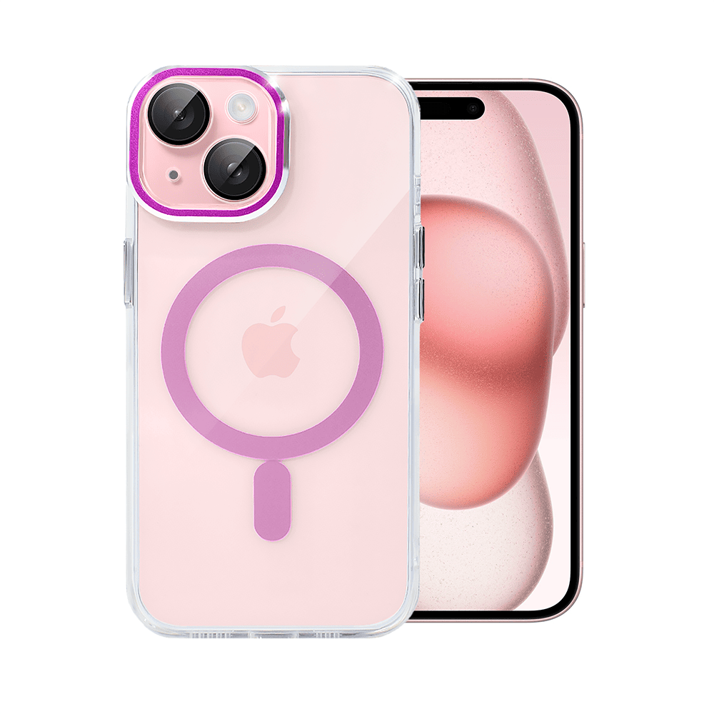 Etui do iPhone 15 Simple Elegance z MagSafe, twardy przeźroczysty tył, hybrydowa ochrona kamery, różowe