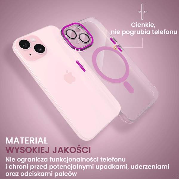 etui do iphone 15 simple elegance z magsafe, twardy przeźroczysty tył, hybrydowa ochrona kamery, różowe