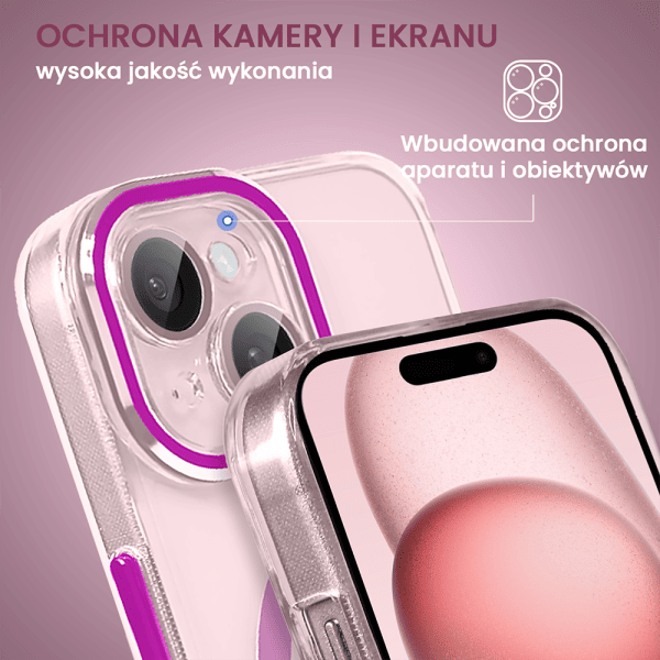 etui do iphone 15 simple elegance z magsafe, twardy przeźroczysty tył, hybrydowa ochrona kamery, różowe