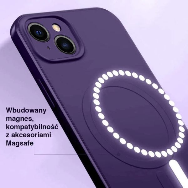 etui do iphone 15 silikonowe z mikrofibrą premium soft touch magsafe, ochrona aparatu, purpurowe