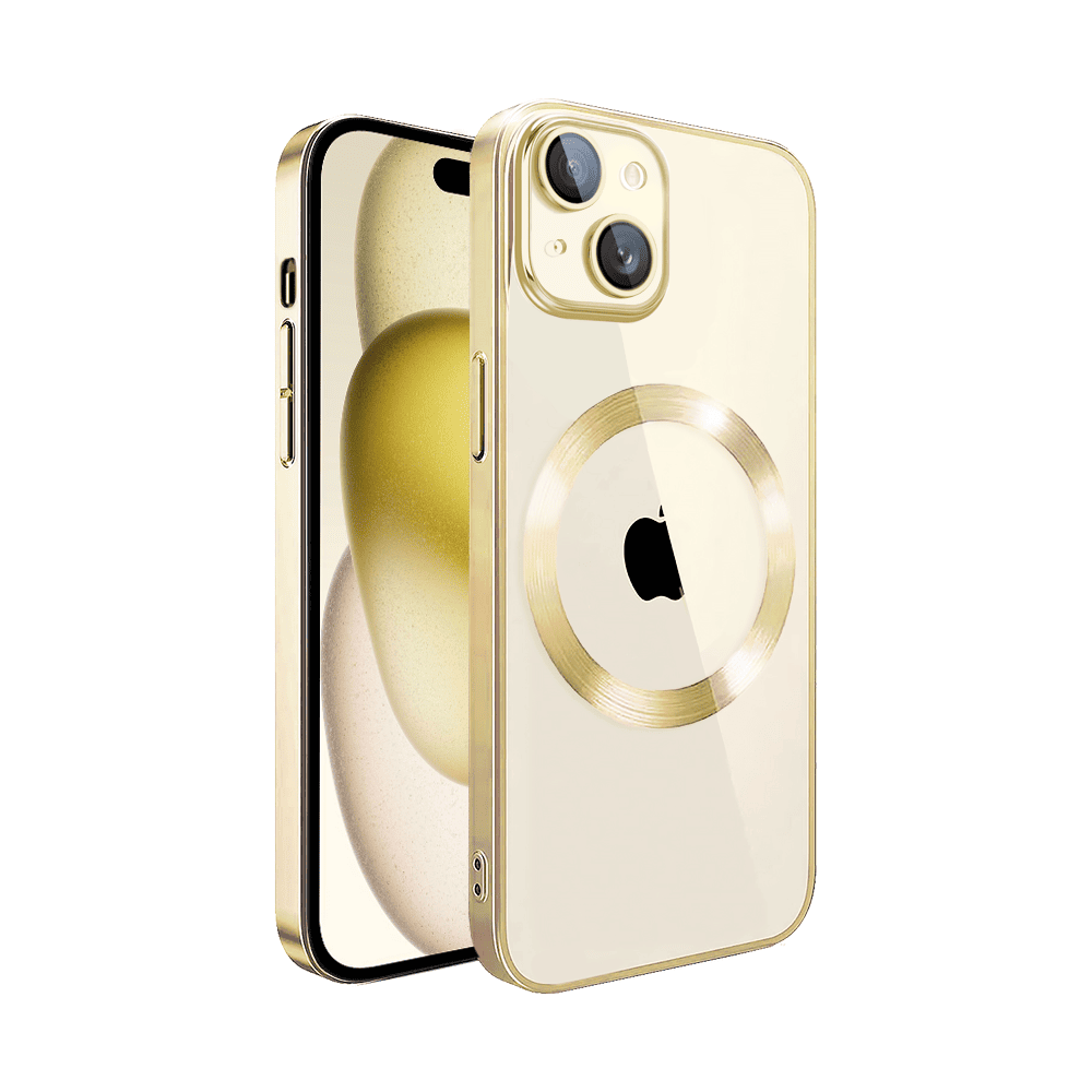etui iphone 15 plus slim protect full cover magsafe hard back, twardy tył, przeźroczyste, złote