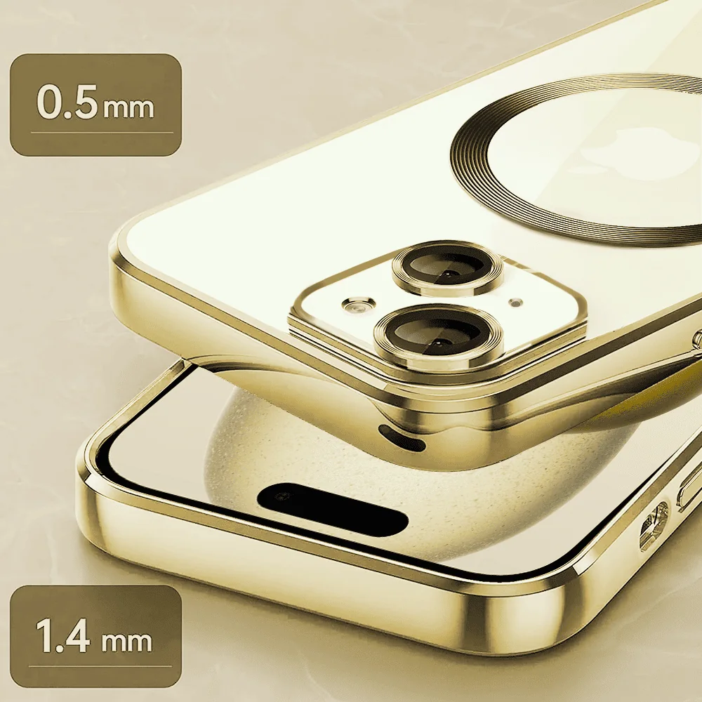 etui iphone 15 plus slim protect full cover magsafe hard back, twardy tył, przeźroczyste, złote
