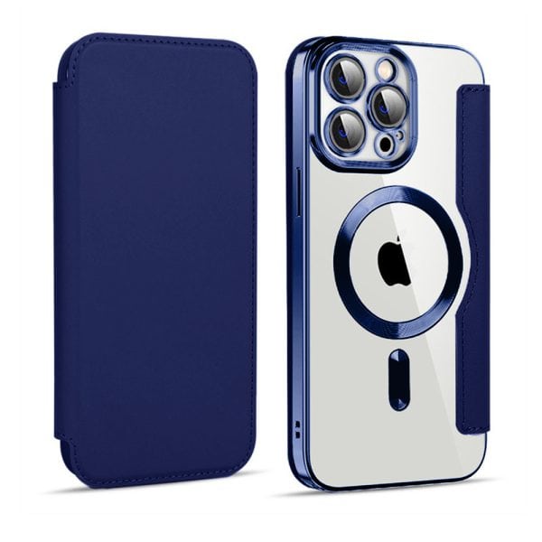 etui iphone 15 pro max typu książka book magsafe lens protect, z klapką, niebieskie