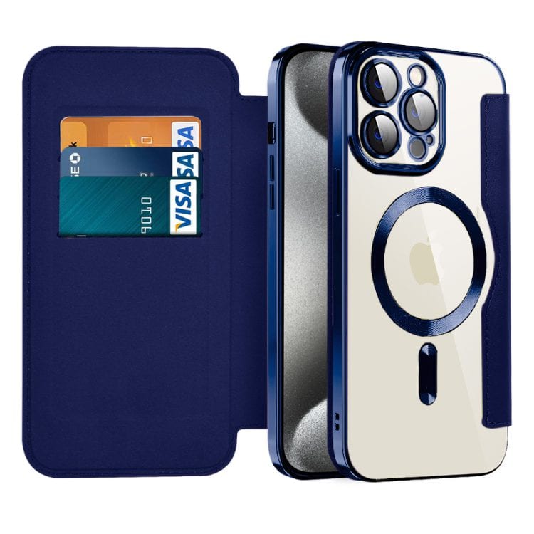 etui iphone 15 pro max typu książka book magsafe lens protect, z klapką, niebieskie