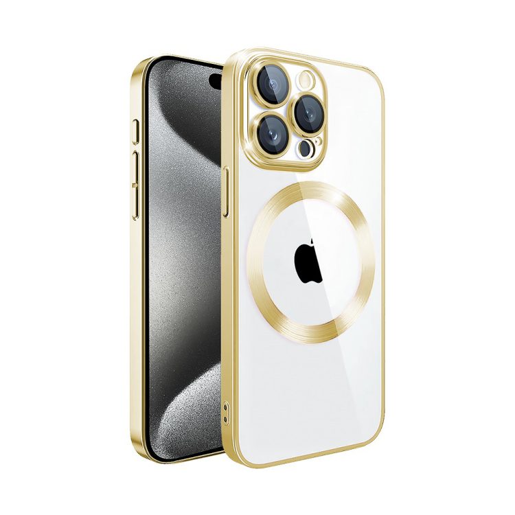 etui iphone 15 pro slim protect full cover magsafe hard back, twardy tył, przeźroczyste, złote