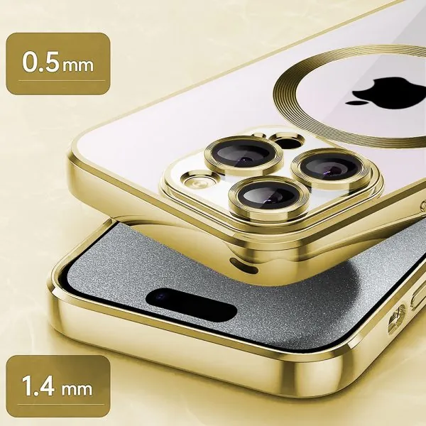 etui iphone 15 pro slim protect full cover magsafe hard back, twardy tył, przeźroczyste, złote