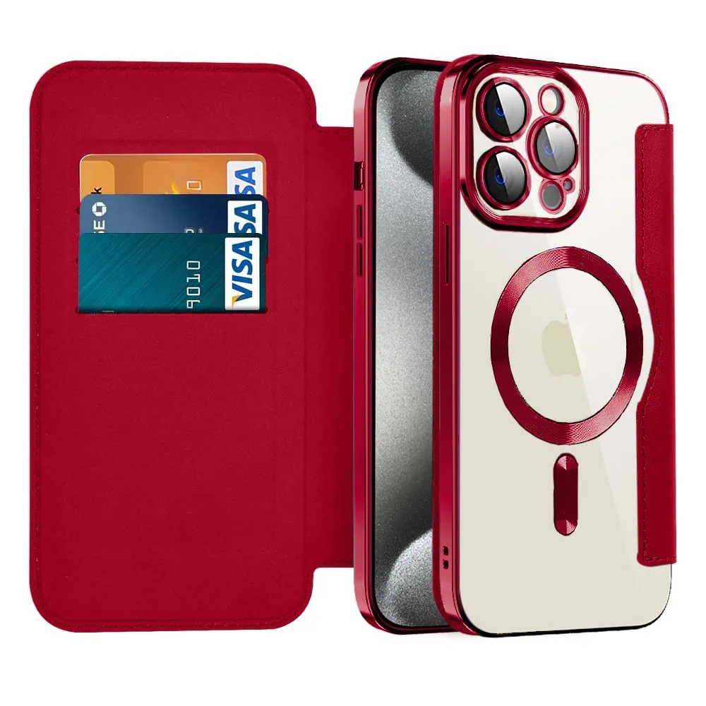 etui iphone 15 pro typu książka book magsafe lens protect, z klapką, czerwone