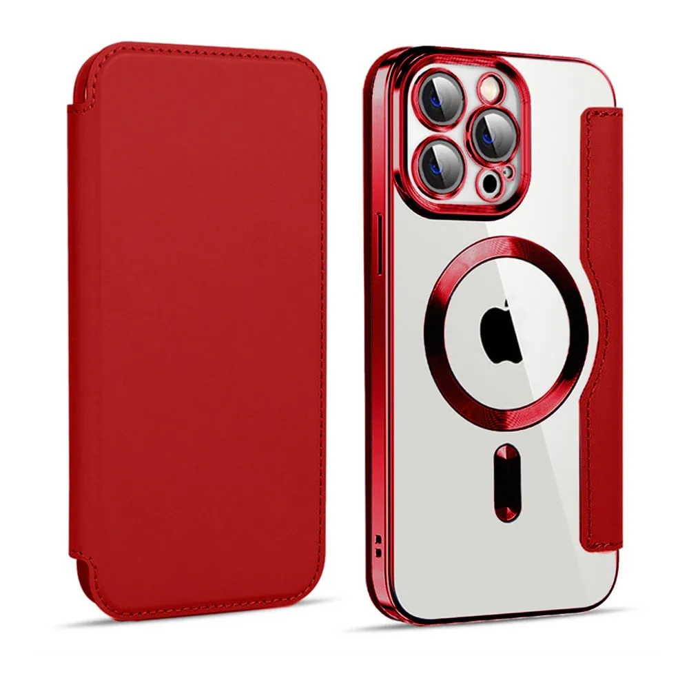 etui iphone 15 pro typu książka book magsafe lens protect, z klapką, czerwone