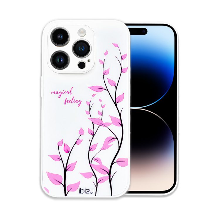 etui do iphone 14 pro max ibizu magic series, szklany tył, zmienny wzór, gałązki