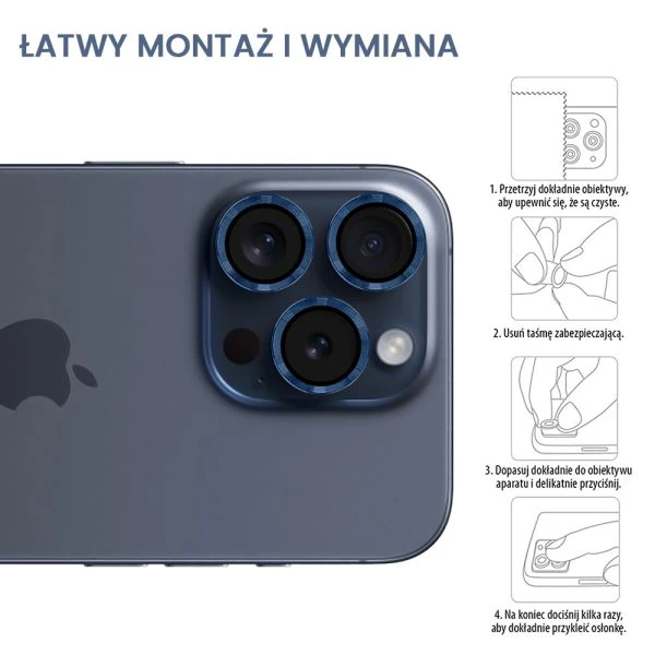 metalowa osłona obiektywów szkło na aparat iphone 15 pro max, tytanowe błękitne