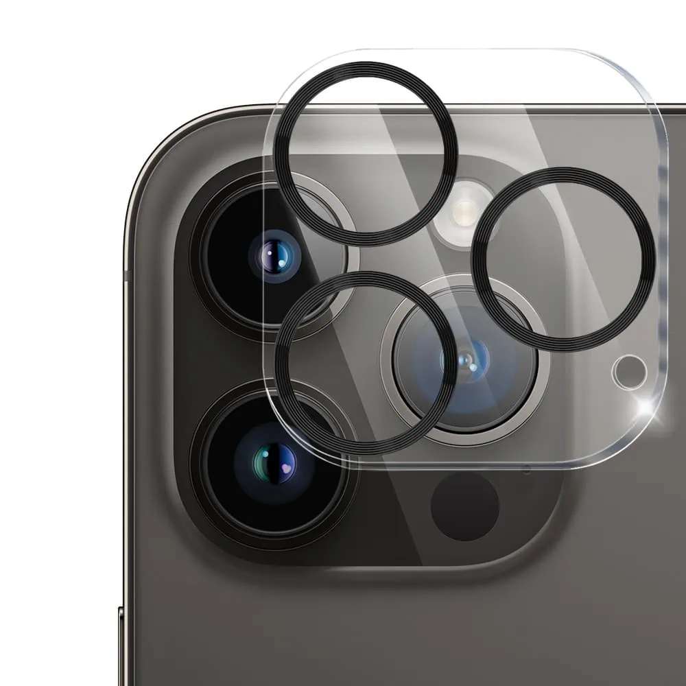 iPhone 14 Pro pełne szkło hartowane na cały aparat z metalowymi pierścieniami, czarne