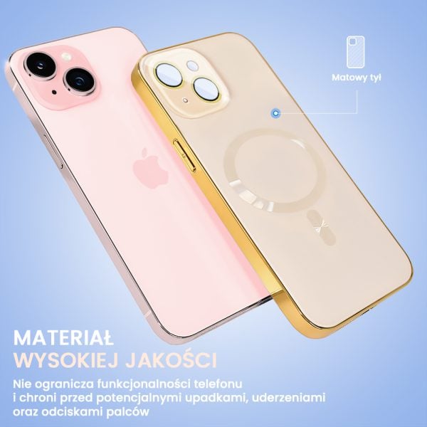 etui do iphone 15 jolly magsafe protect, z osłoną obiektywów, pastelowy róż ze złotą ramką
