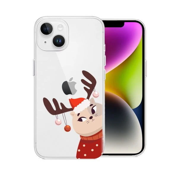 etui do iphone 14 plus, przeźroczyste, świąteczny kotek przebrany za reniferka