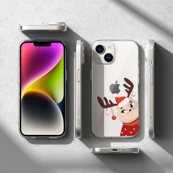 etui do iphone 14 plus, przeźroczyste, świąteczny kotek przebrany za reniferka