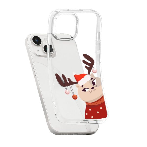 etui do iphone 14 plus, przeźroczyste, świąteczny kotek przebrany za reniferka