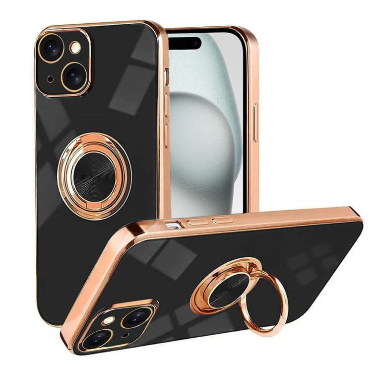 etui do iphone 15 plus eleganckie, ze złotym, metalowym uchwytem i zdobieniami, czarne