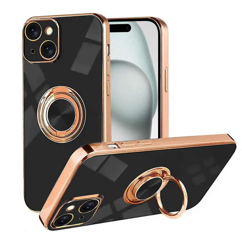 Etui do iPhone 15 eleganckie, ze złotym, metalowym uchwytem i zdobieniami, czarne