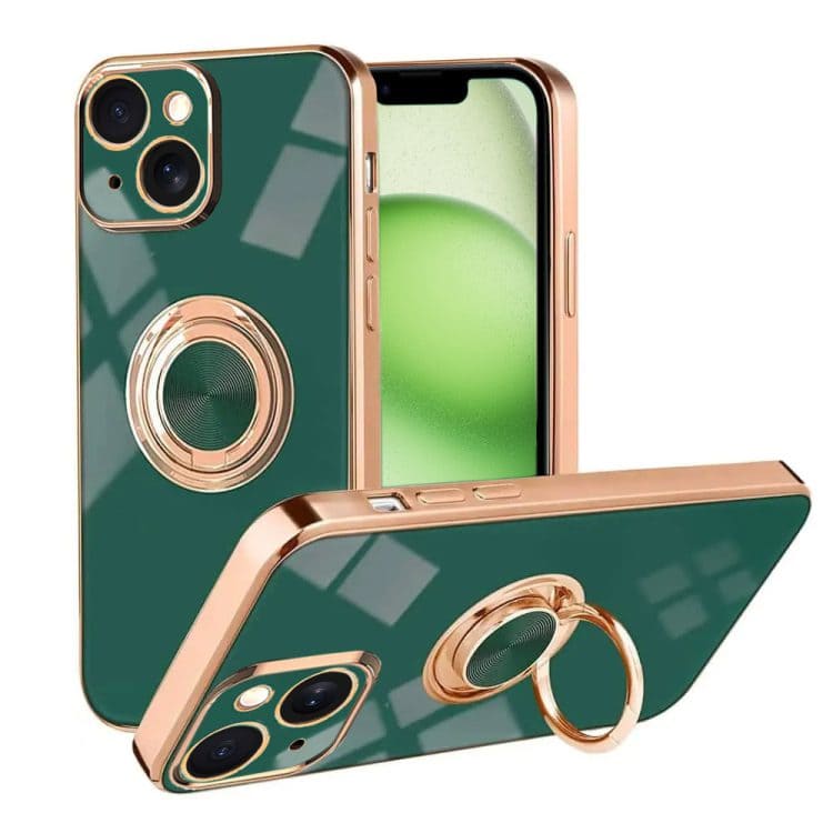 etui do iphone 15 plus eleganckie, ze złotym, metalowym uchwytem i zdobieniami, zielone