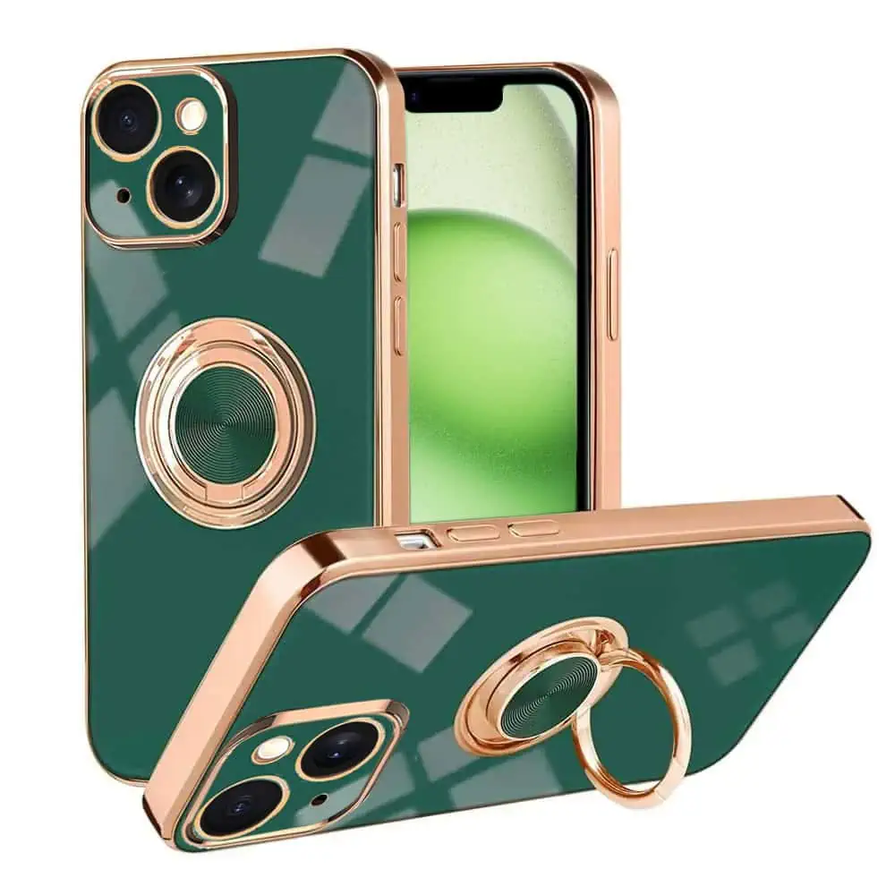 Etui do iPhone 15 eleganckie, ze złotym, metalowym uchwytem i zdobieniami, zielone