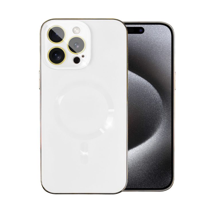 etui do iphone 15 pro jolly magsafe protect, z osłoną obiektywów, białe ze srebrną ramką