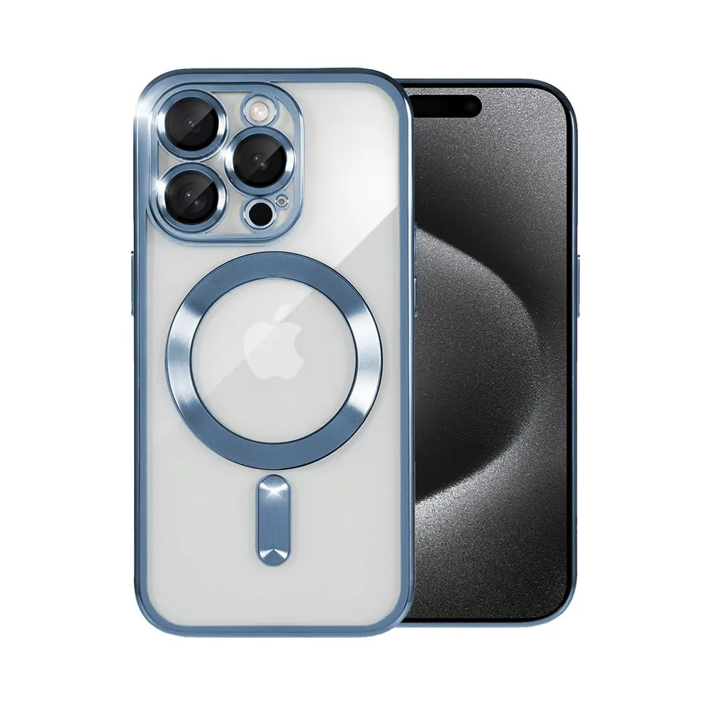Etui do iPhone 15 Pro Max MagSafe Luxury Protect przeźroczyste, hybrydowa ochrona kamery, górski błękit
