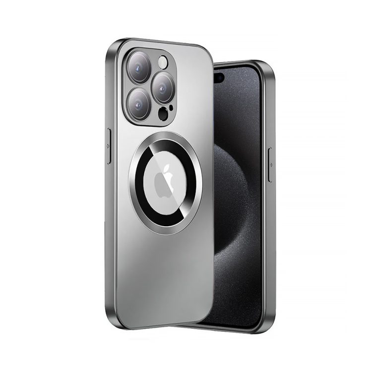 etui do iphone 15 pro max noble brush silver magsafe z widocznym logo i osłoną na aparat, srebrne