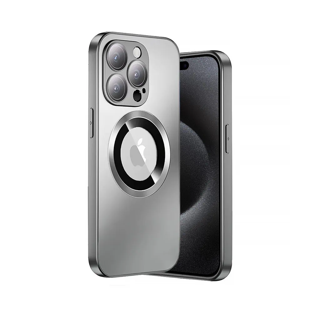 Etui do iPhone 15 Pro Max Noble Brush MagSafe z widocznym logo i osłoną na aparat, srebrne
