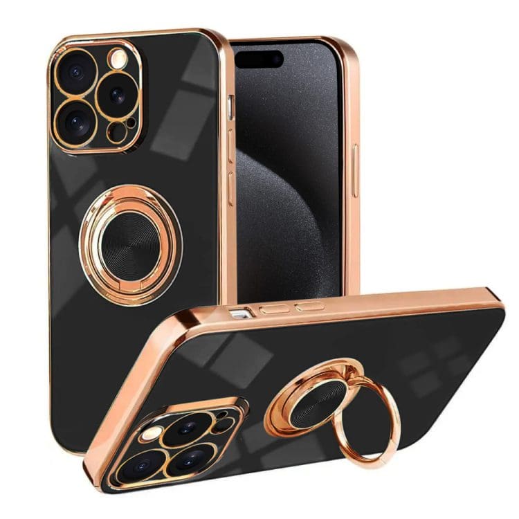 etui do iphone 15 pro max eleganckie, ze złotym, metalowym uchwytem i zdobieniami, czarne
