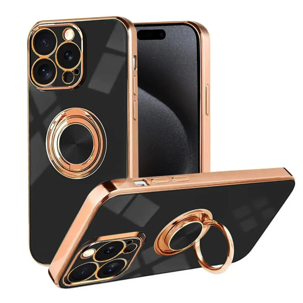 etui do iphone 15 pro max eleganckie, ze złotym, metalowym uchwytem i zdobieniami, czarne