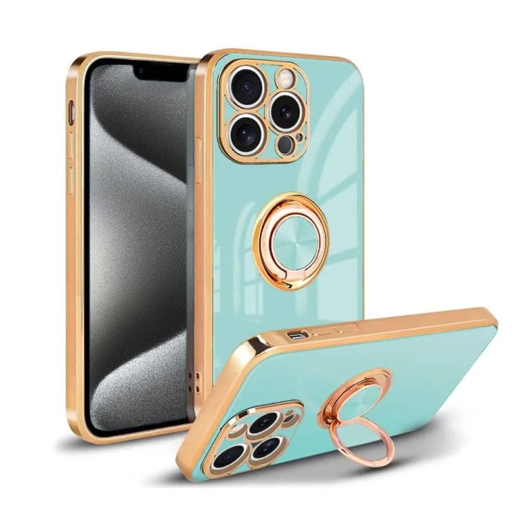 etui do iphone 15 pro max eleganckie, ze złotym, metalowym uchwytem i zdobieniami, lazurowo miętowe