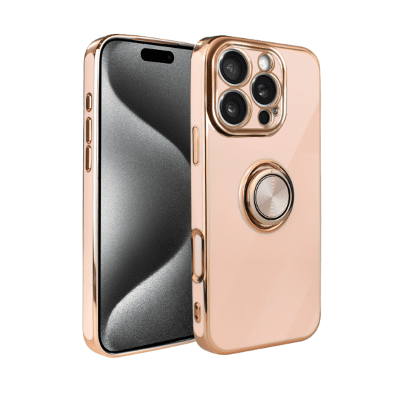 Etui do iPhone 15 Pro Max eleganckie, ze złotym, metalowym uchwytem i zdobieniami, osłona na aparat, złoty róż1