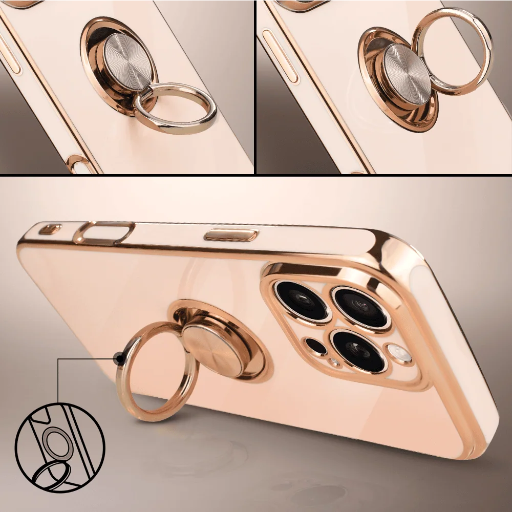Etui do iPhone 15 Pro Max eleganckie, ze złotym, metalowym uchwytem i zdobieniami, osłona na aparat, złoty róż10