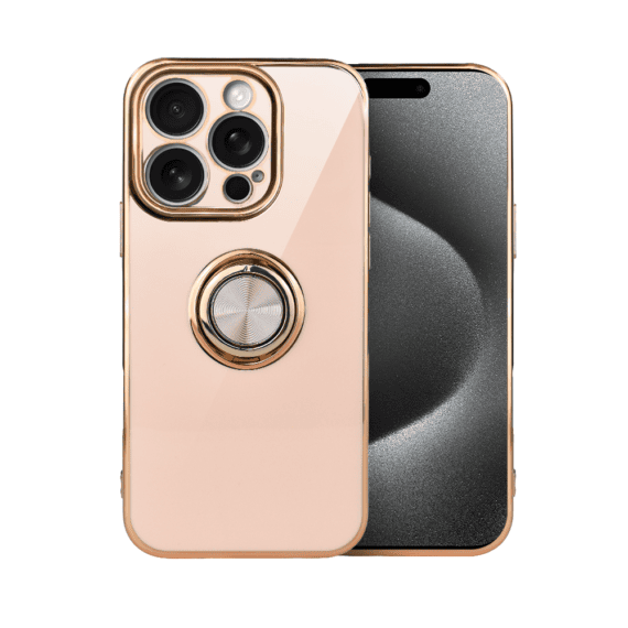 Etui do iPhone 15 Pro Max eleganckie, ze złotym, metalowym uchwytem i zdobieniami, osłona na aparat, złoty róż2