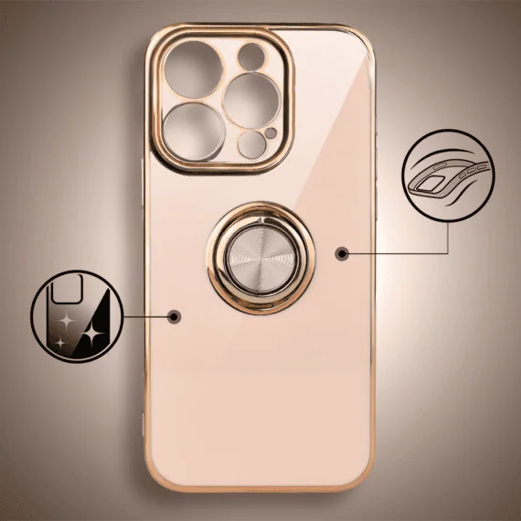 Etui do iPhone 15 Pro Max eleganckie, ze złotym, metalowym uchwytem i zdobieniami, osłona na aparat, złoty róż3