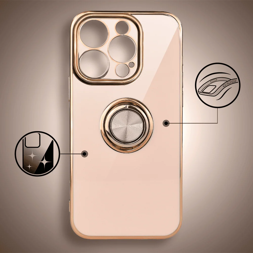 Etui do iPhone 15 Pro Max eleganckie, ze złotym, metalowym uchwytem i zdobieniami, osłona na aparat, złoty róż3