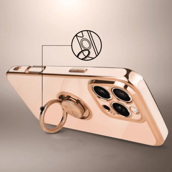 Etui do iPhone 15 Pro Max eleganckie, ze złotym, metalowym uchwytem i zdobieniami, osłona na aparat, złoty róż4