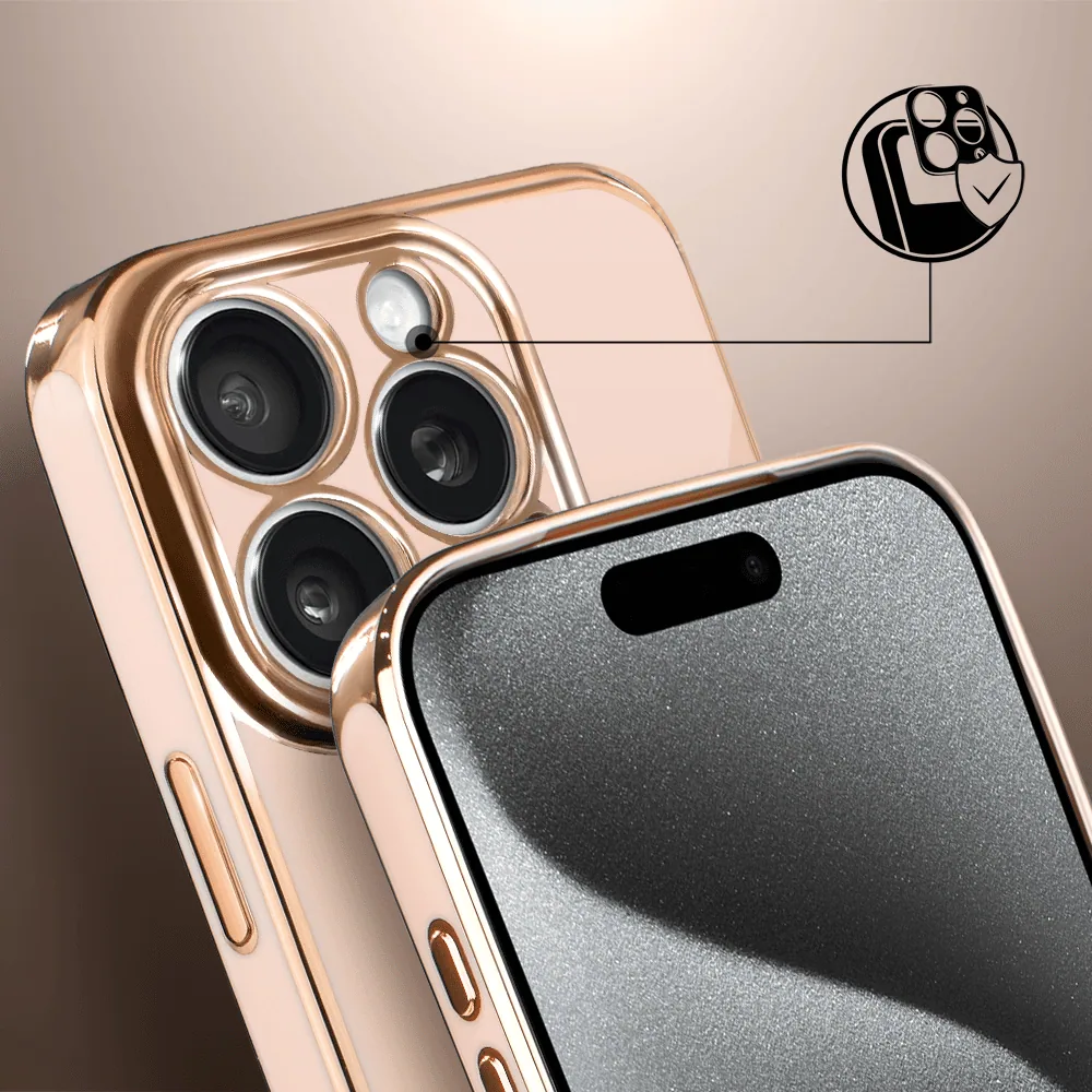 Etui do iPhone 15 Pro Max eleganckie, ze złotym, metalowym uchwytem i zdobieniami, osłona na aparat, złoty róż5