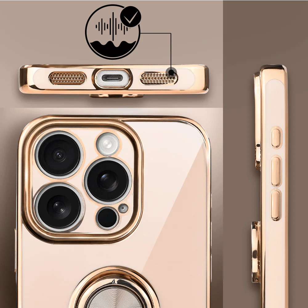 Etui do iPhone 15 Pro Max eleganckie, ze złotym, metalowym uchwytem i zdobieniami, osłona na aparat, złoty róż7