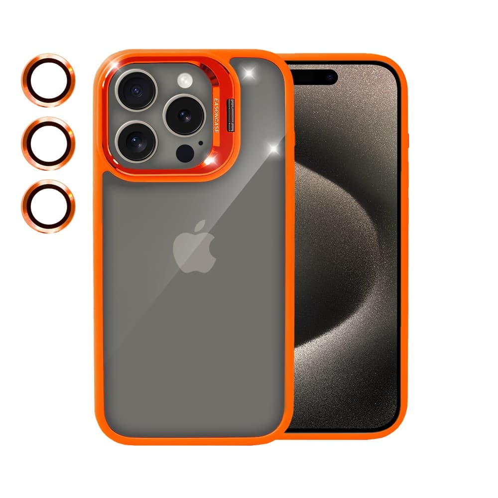 Etui do iPhone 15 Pro cienkie przeźroczyste, 3w1 z podstawką i osłoną aparatu, pomarańczowe