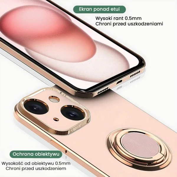 etui do iphone 15 plus eleganckie, ze złotym, metalowym uchwytem i zdobieniami, osłona na aparat, złoty róż