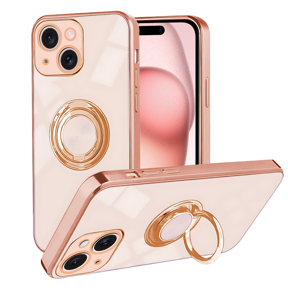 etui do iphone 15 plus eleganckie, ze złotym, metalowym uchwytem i zdobieniami, osłona na aparat, złoty róż