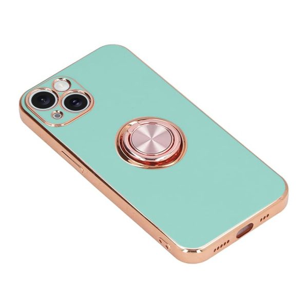 etui do iphone 15 plus eleganckie, ze złotym metalowym uchwytem i zdobieniami, z osłoną na aparat, lazurowo miętowe