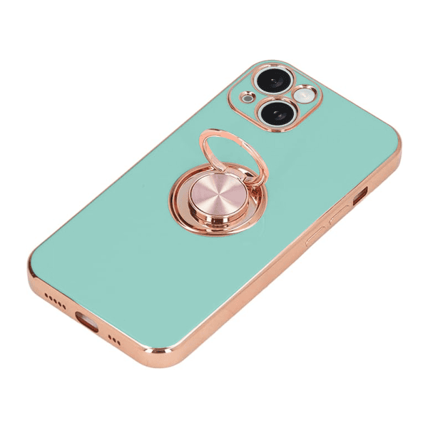 etui do iphone 15 plus eleganckie, ze złotym metalowym uchwytem i zdobieniami, z osłoną na aparat, lazurowo miętowe