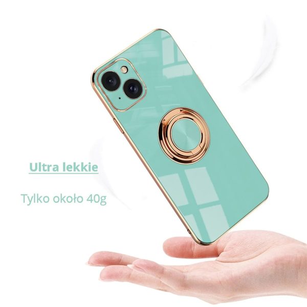 etui do iphone 15 plus eleganckie, ze złotym metalowym uchwytem i zdobieniami, z osłoną na aparat, lazurowo miętowe