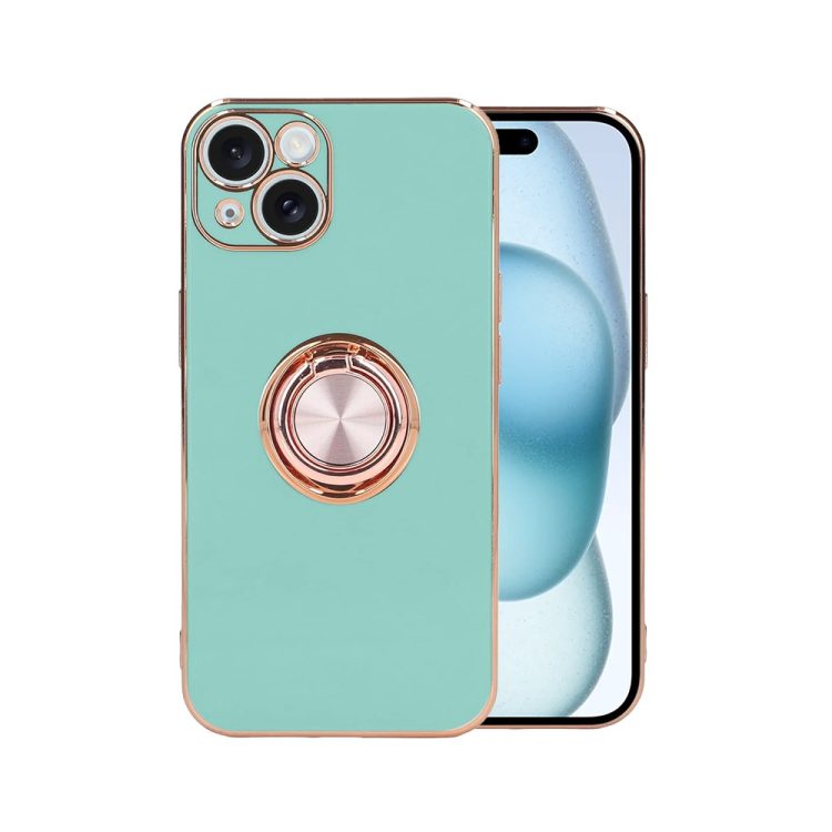 etui do iphone 15 plus eleganckie, ze złotym metalowym uchwytem i zdobieniami, z osłoną na aparat, lazurowo miętowe
