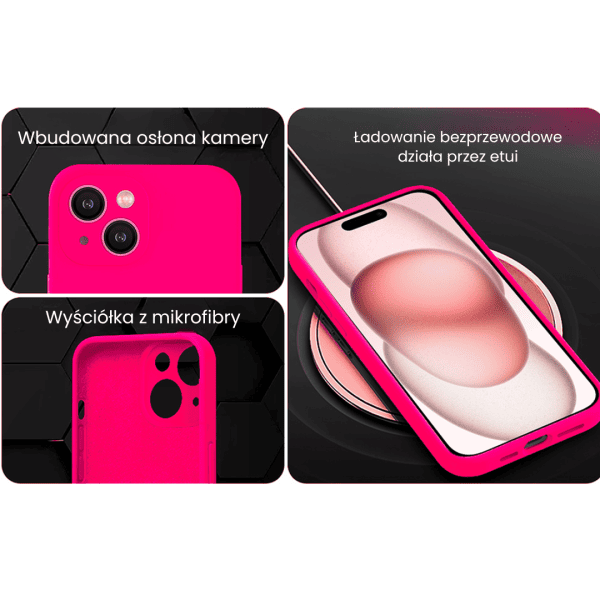 etui do iphone 15 silikonowe z mikrofibrą soft touch z osłoną kamery, różowe