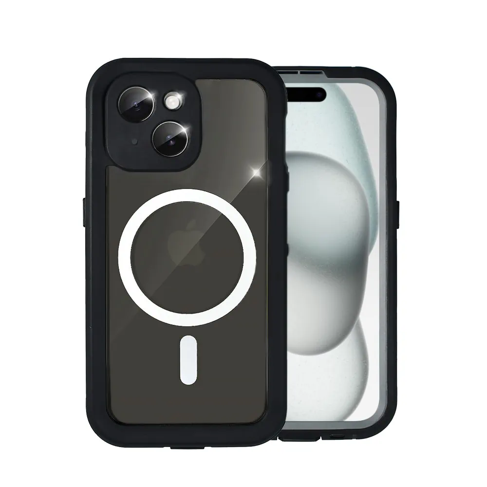 Etui do iPhone 15 wodoodporne z MagSafe, pancerne, przeźroczyste, czarne