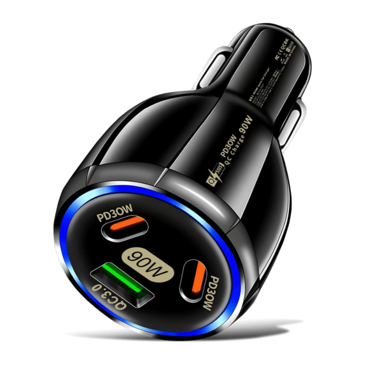 Ładowarka samochodowa trzy porty: 2x usb typ c + usb 90w, qc, czarna